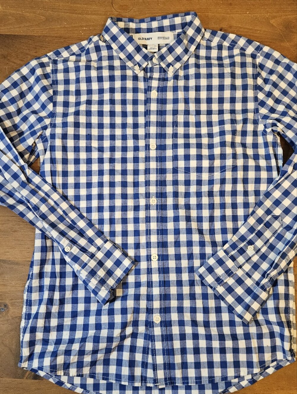 Old Navy Boys Classic Shirt Button Up Long Sleeve Blue Checkered Youth XL 14/16